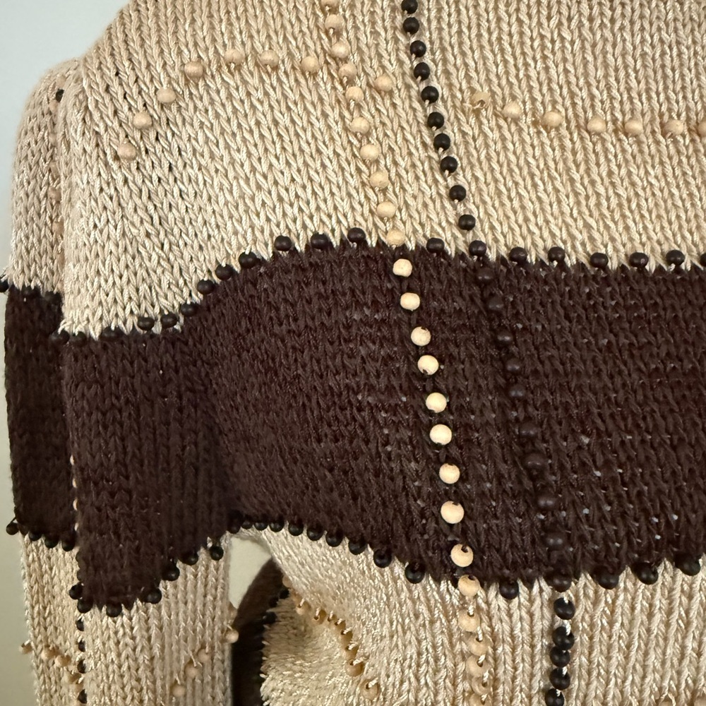 Chocolate Brown and Cream Striped Sweater w tiny wooden beads- Vintage Nannell - Picture 14 of 15